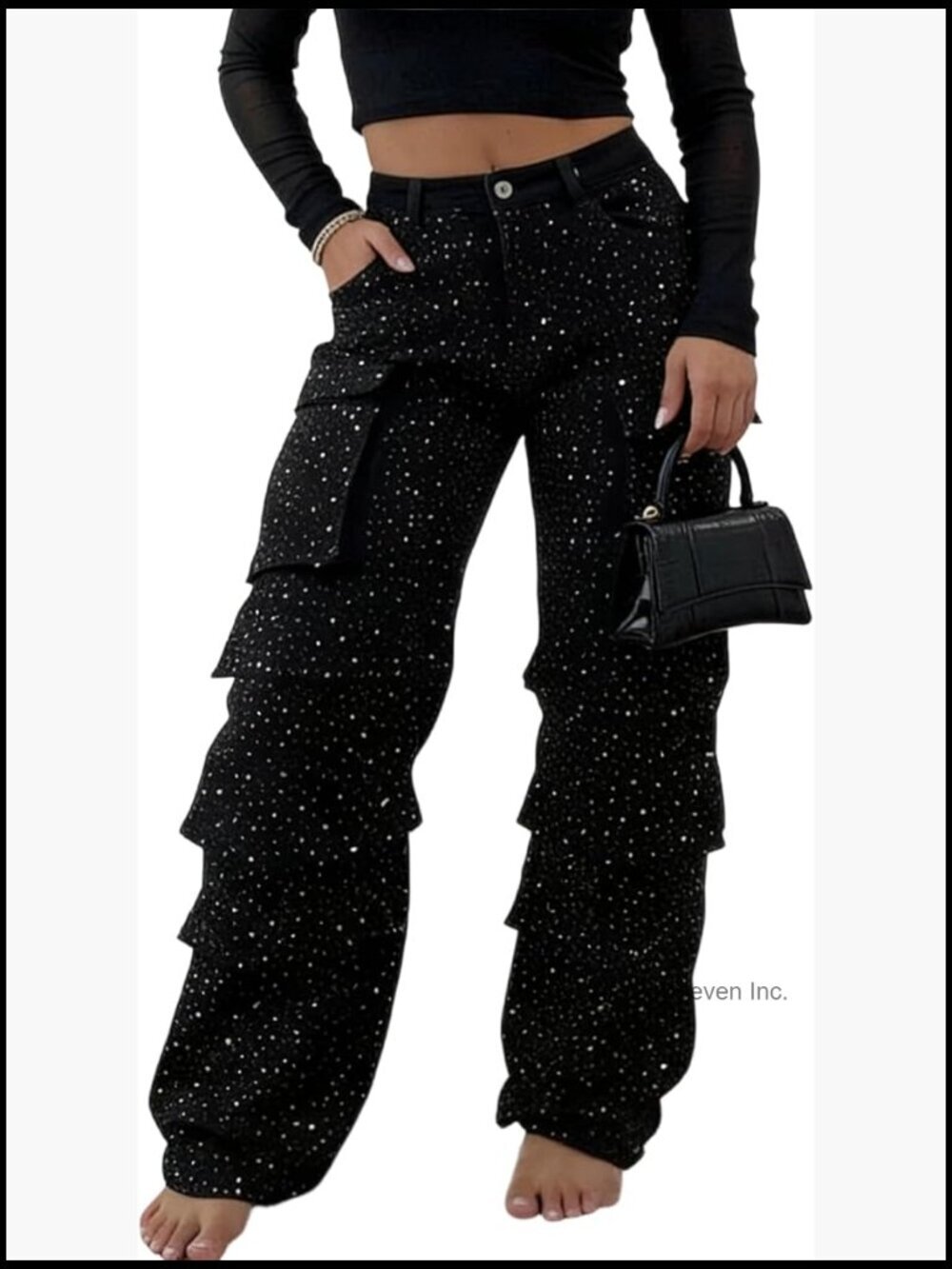 Rhinestone Cargo High Waisted Straight Leg Jeans with Glitter